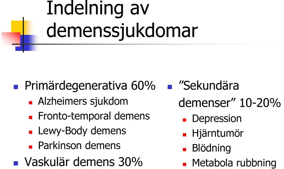 demens Parkinson demens Vaskulär demens 30% Sekundära