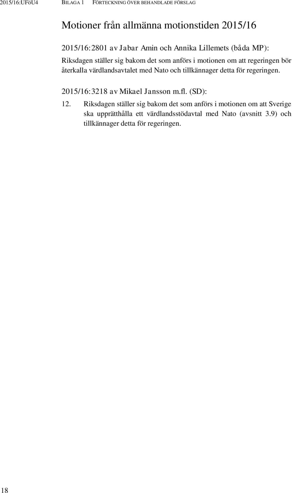 Nato och tillkännager detta för regeringen. 2015/16:3218 av Mikael Jansson m.fl. (SD): 12.
