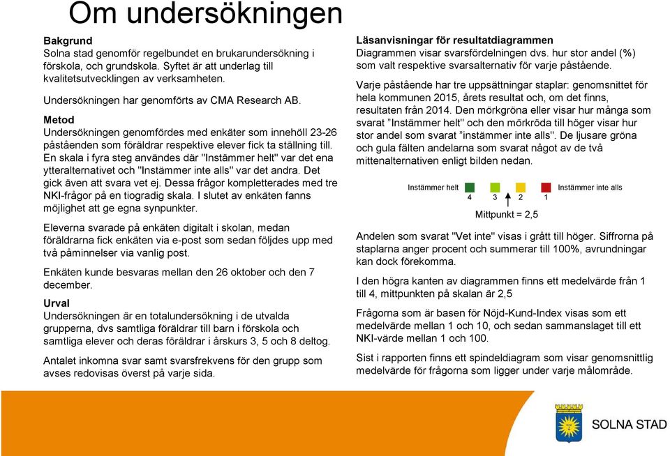 En skala i fyra steg användes där "Instämmer helt" var det ena ytteralternativet och "Instämmer inte alls" var det andra. Det gick även att svara vet ej.