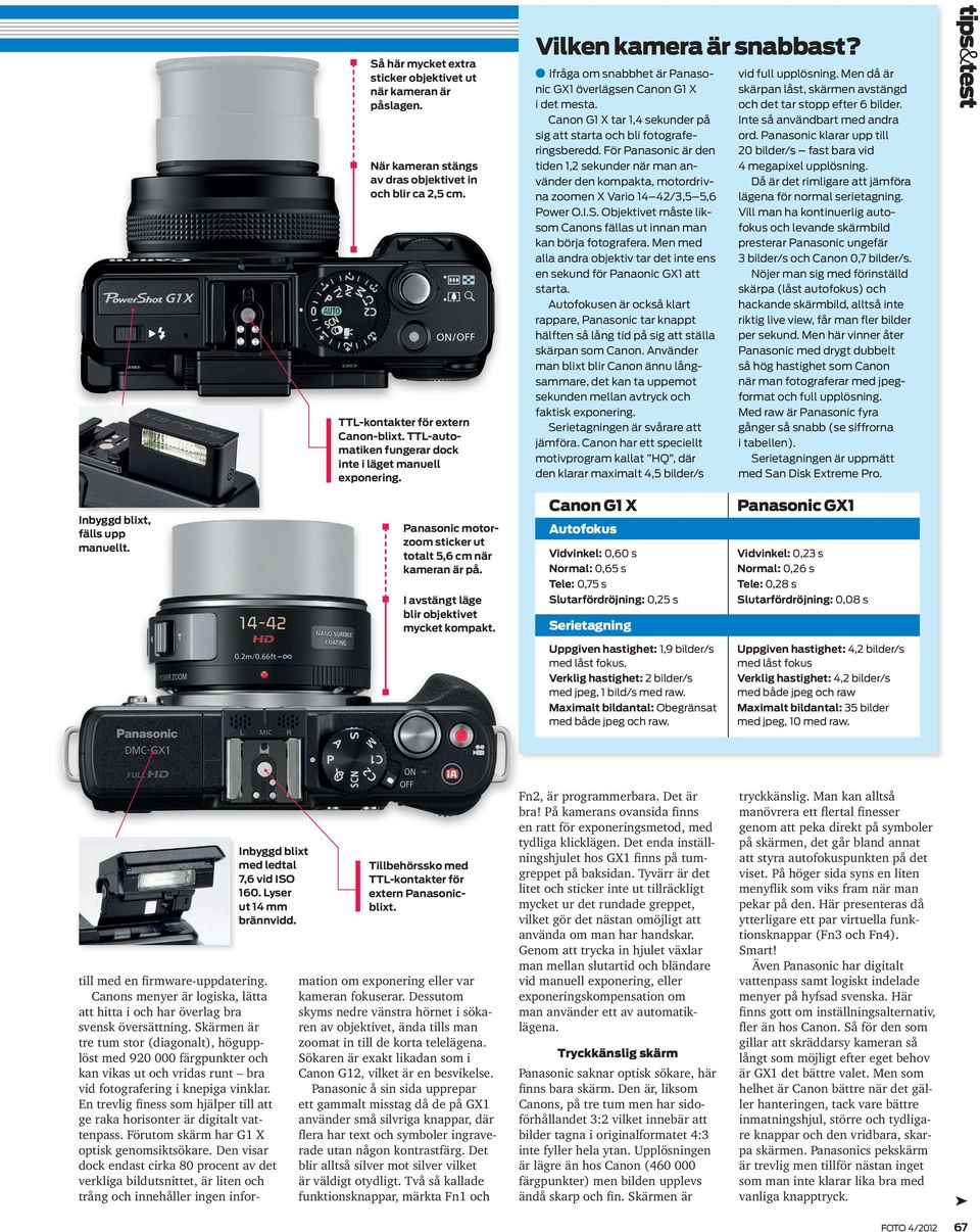 Canon G1 X tar 1,4 sekunder på sig att starta och bli fotograferingsberedd. För Panasonic är den tiden 1,2 sekunder när man an vänder den kompakta, motordrivna zoomen X Vario 14 42/3,5 5,6 Power O.I.
