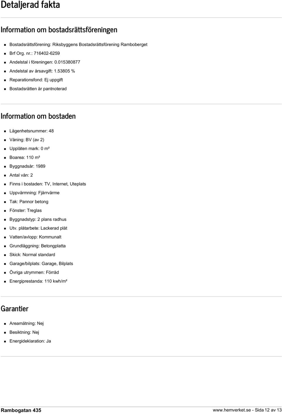 53805 % Reparationsfond: Ej uppgift Bostadsrätten är pantnoterad Information om bostaden Lägenhetsnummer: 48 Våning: BV (av 2) Upplåten mark: 0 m² Boarea: 110 m² Byggnadsår: 1989 Antal vån: 2 Finns i