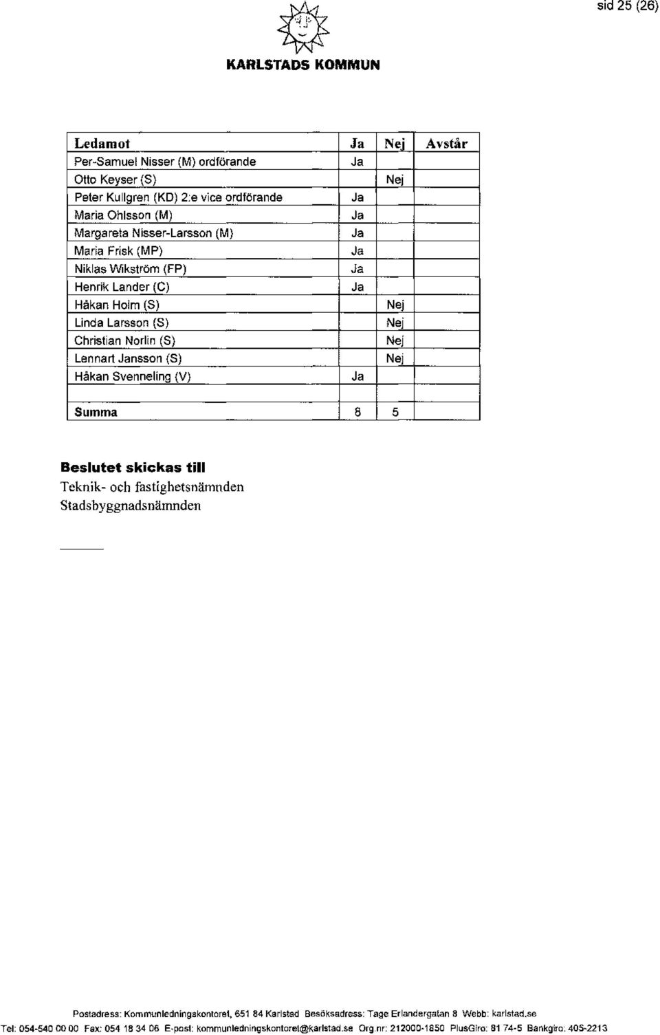 Lander (C) Håkan Holm (S) Linda Larsson (S) Christian Norlin (S) Lennart nsson (S) Håkan Svenneling (V) Summa 8 5 Beslutet skickas till Teknik- och