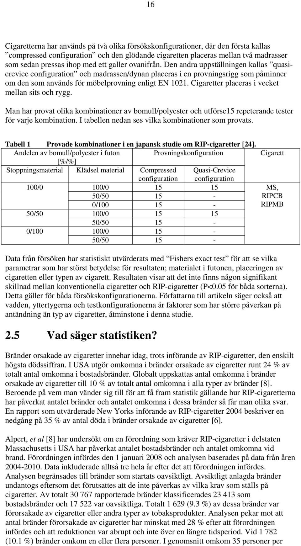 Cigaretter placeras i vecket mellan sits och rygg. Man har provat olika kombinationer av bomull/polyester och utförse15 repeterande tester för varje kombination.