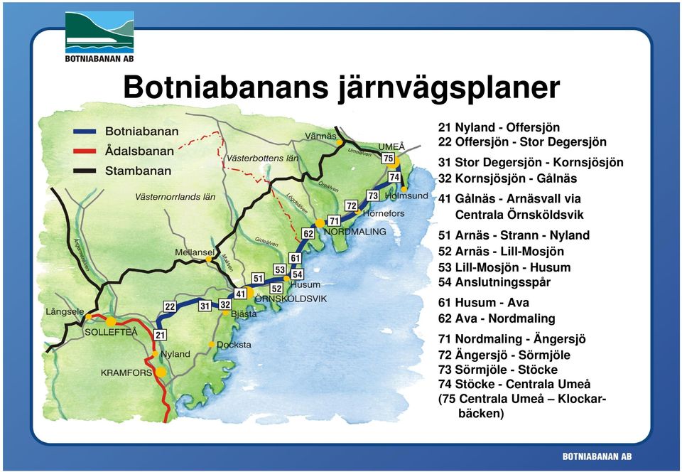 Nyland 52 Arnäs - Lill-Mosjön 53 Lill-Mosjön - Husum 54 Anslutningsspår 61 Husum - Ava 62 Ava - Nordmaling 71