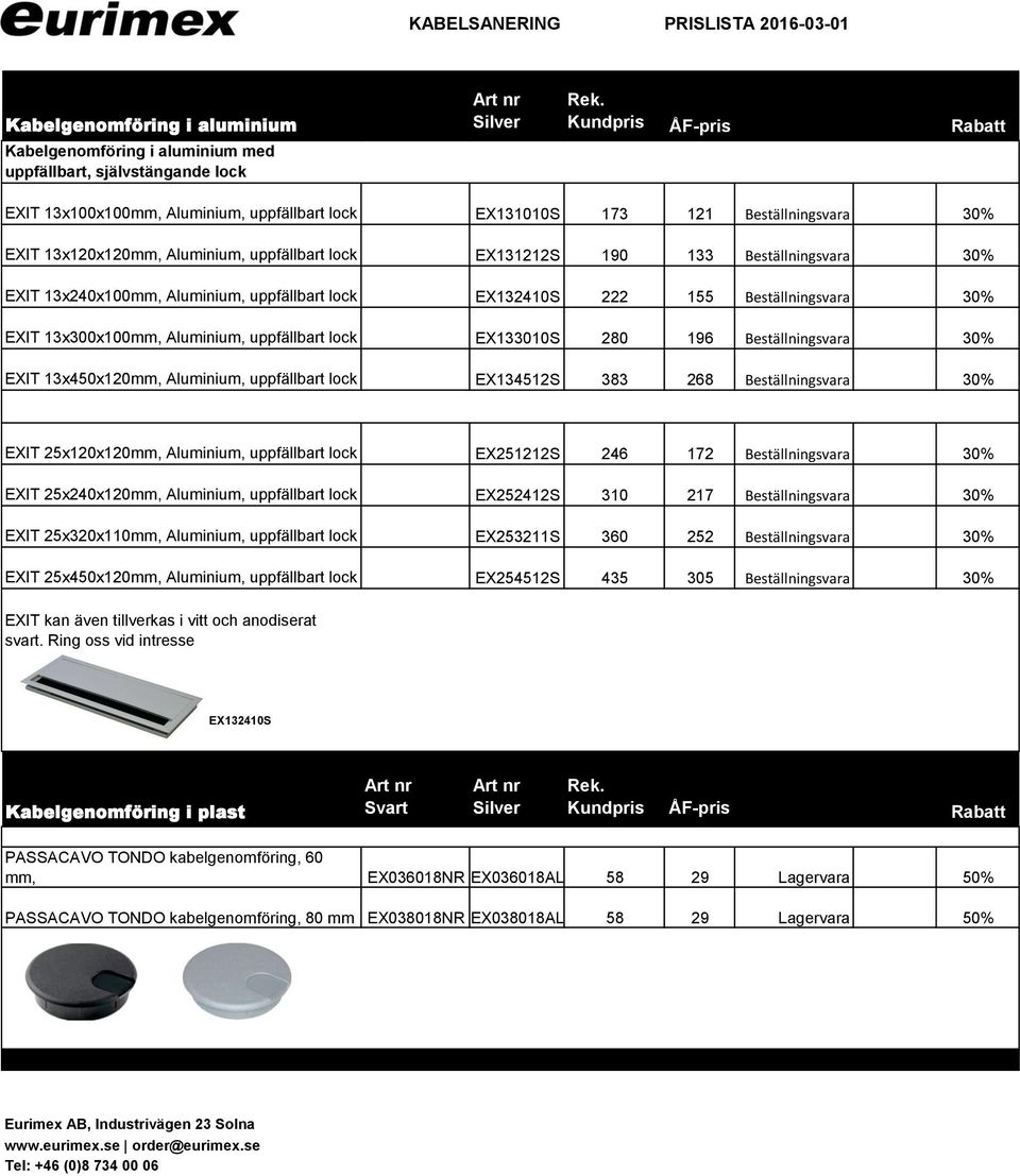 13x300x100mm, Aluminium, uppfällbart lock EX133010S 280 196 Beställningsvara 30% EXIT 13x450x120mm, Aluminium, uppfällbart lock EX134512S 383 268 Beställningsvara 30% EXIT 25x120x120mm, Aluminium,