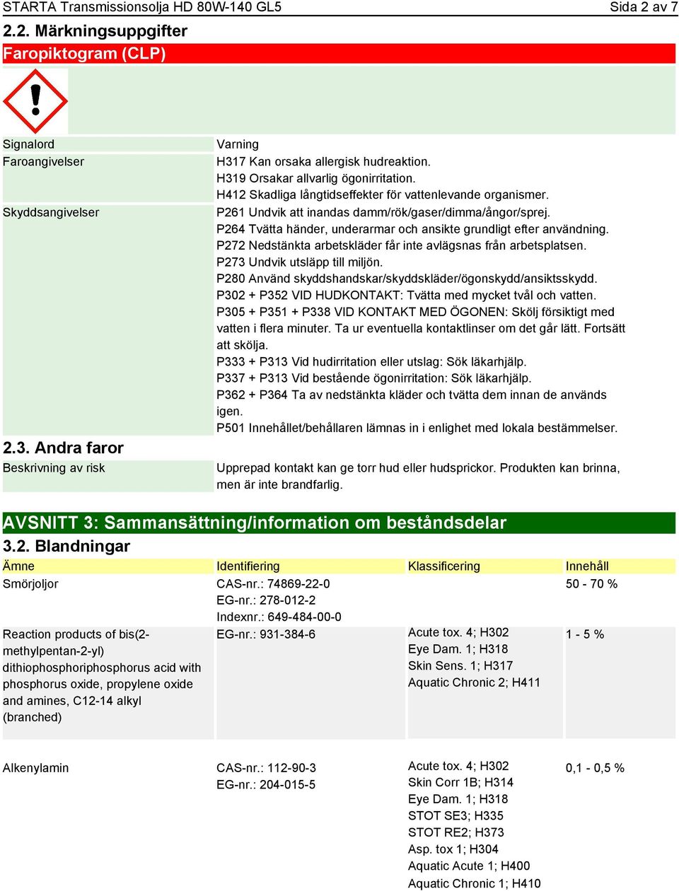 P261 Undvik att inandas damm/rök/gaser/dimma/ångor/sprej. P264 Tvätta händer, underarmar och ansikte grundligt efter användning. P272 Nedstänkta arbetskläder får inte avlägsnas från arbetsplatsen.