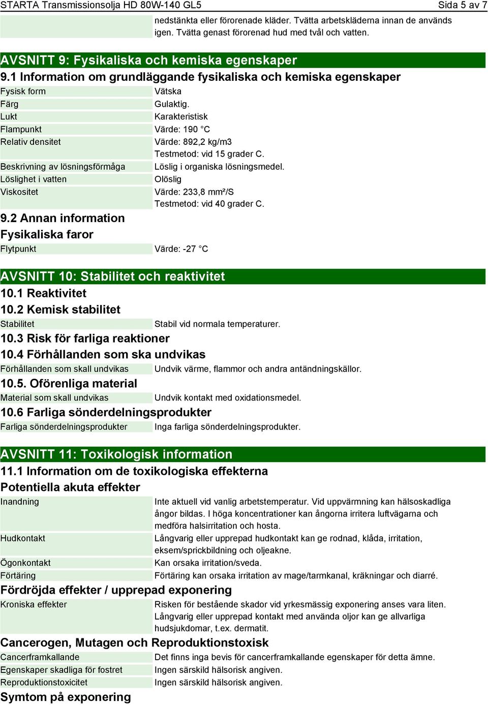 Lukt Karakteristisk Flampunkt Värde: 190 C Relativ densitet Beskrivning av lösningsförmåga Löslighet i vatten Viskositet 9.