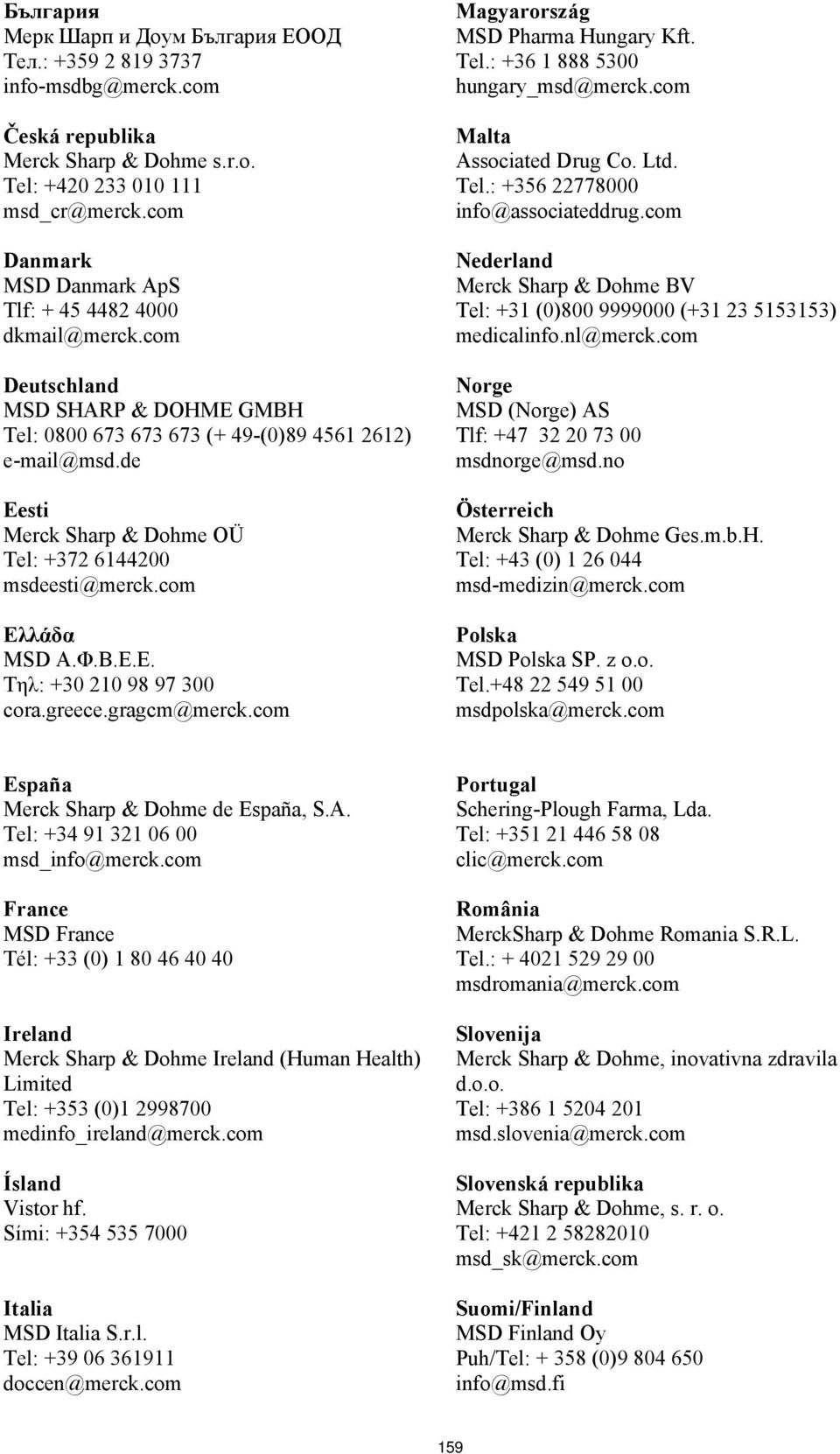 Τηλ: +30 210 98 97 300 coragreecegragcm@merckcom Magyarország MSD Pharma Hungary Kft Tel: +36 1 888 5300 hungary_msd@merckcom Malta Associated Drug Co Ltd Tel: +356 22778000 info@associateddrugcom