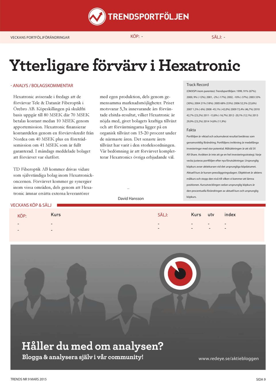 Hexatronic nansierar kontantdelen genom en förvärvskredit från Nordea om 40 MSEK plus en företrädsemission om 41 MSEK som är fullt garanterad. I måndags meddelade bolaget att förvärvet var slutfört.