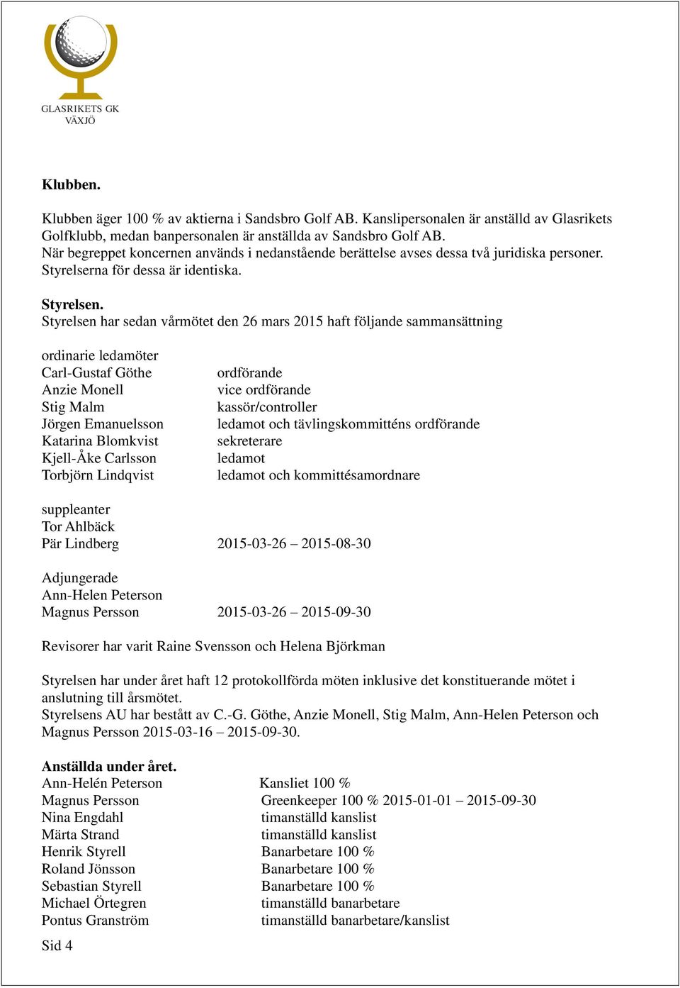 Styrelsen har sedan vårmötet den 26 mars 2015 haft följande sammansättning ordinarie ledamöter Carl-Gustaf Göthe Anzie Monell Stig Malm Jörgen Emanuelsson Katarina Blomkvist Kjell-Åke Carlsson