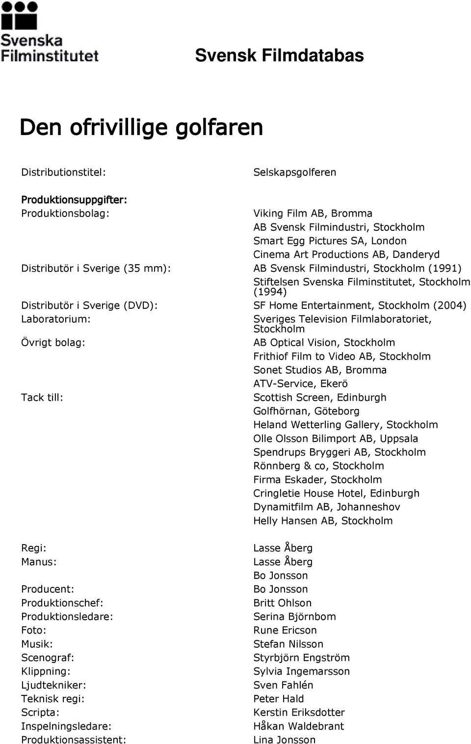 Entertainment, Stockholm (2004) Laboratorium: Sveriges Television Filmlaboratoriet, Stockholm Övrigt bolag: AB Optical Vision, Stockholm Frithiof Film to Video AB, Stockholm Sonet Studios AB, Bromma