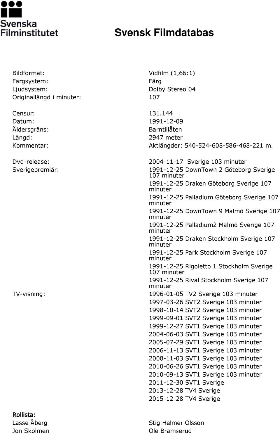 Dvd-release: Sverigepremiär: TV-visning: Rollista: Lasse Åberg Jon Skolmen 2004-11-17 Sverige 103 1991-12-25 DownTown 2 Göteborg Sverige 107 1991-12-25 Draken Göteborg Sverige 107 1991-12-25