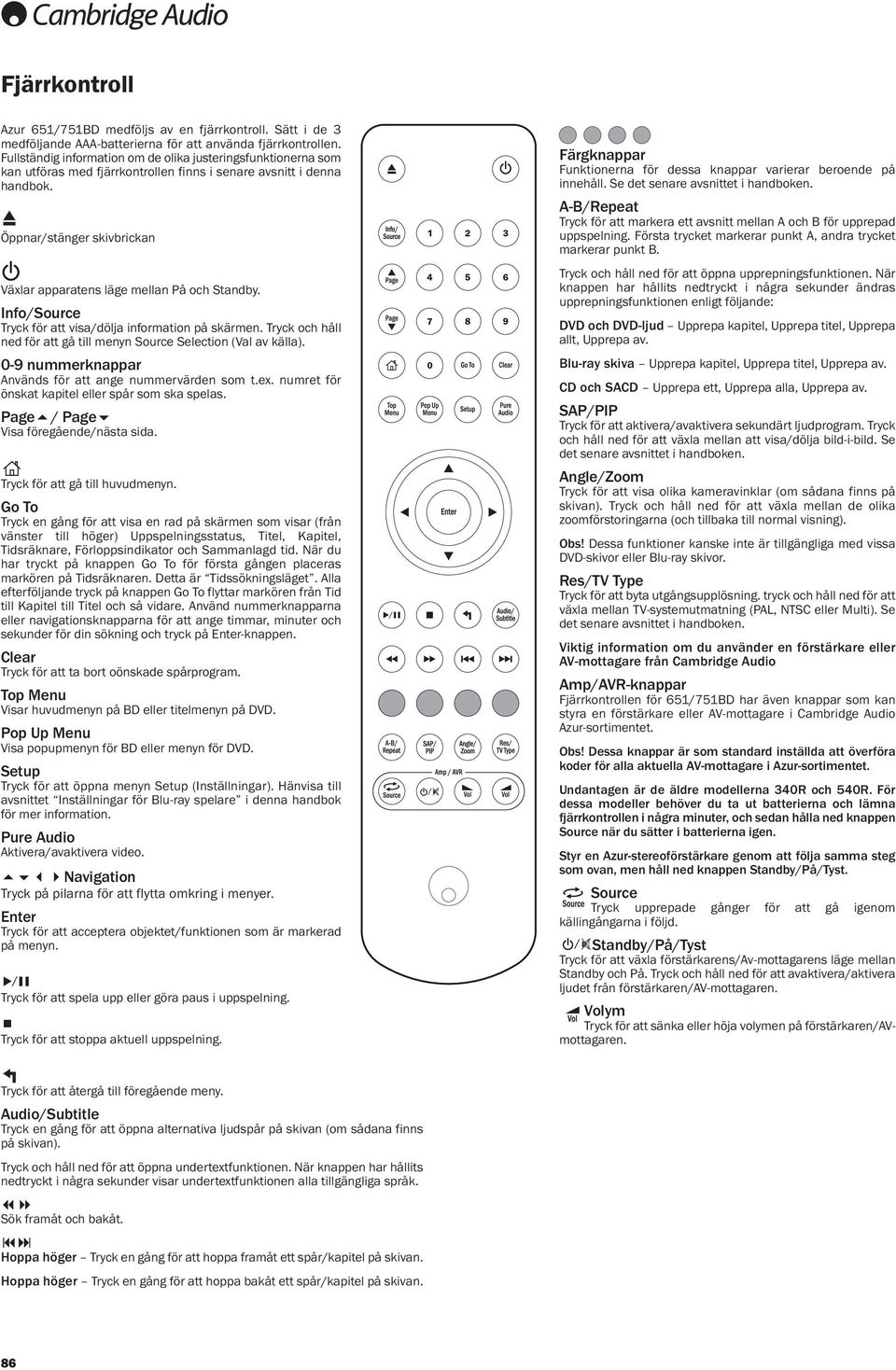 Öppnar/stänger skivbrickan Växlar apparatens läge mellan På och Standby. Info/Source Tryck för att visa/dölja information på skärmen.