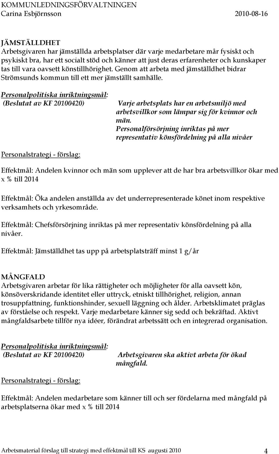 Personalpolitiska inriktningsmål: (Beslutat av KF 20100420) Varje arbetsplats har en arbetsmiljö med arbetsvillkor som lämpar sig för kvinnor och män.