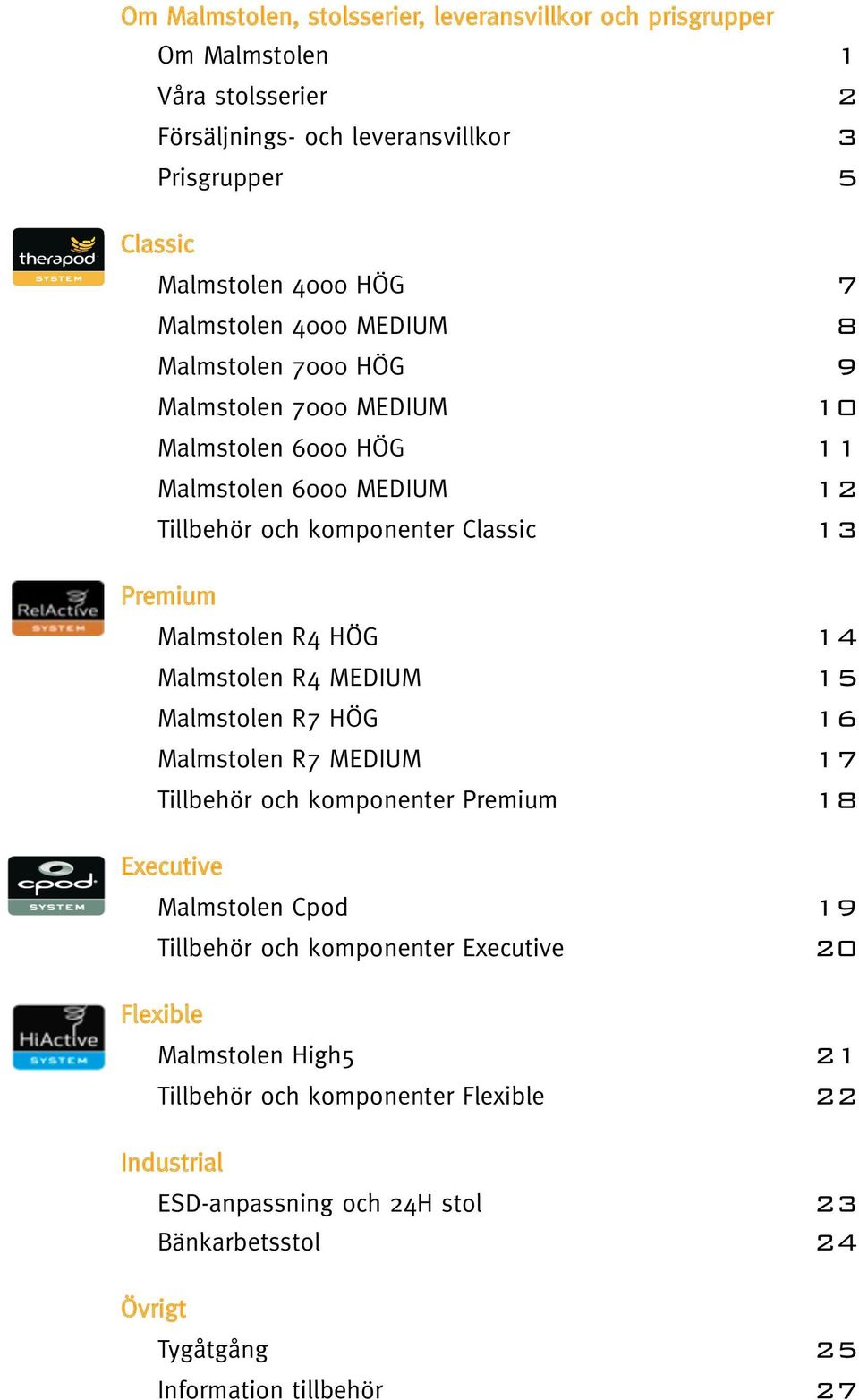 Malmstolen R4 HÖG 14 Malmstolen R4 MEDIUM 15 Malmstolen R7 HÖG 16 Malmstolen R7 MEDIUM 17 Tillbehör och komponenter Premium 18 Executive Malmstolen Cpod 19 Tillbehör och