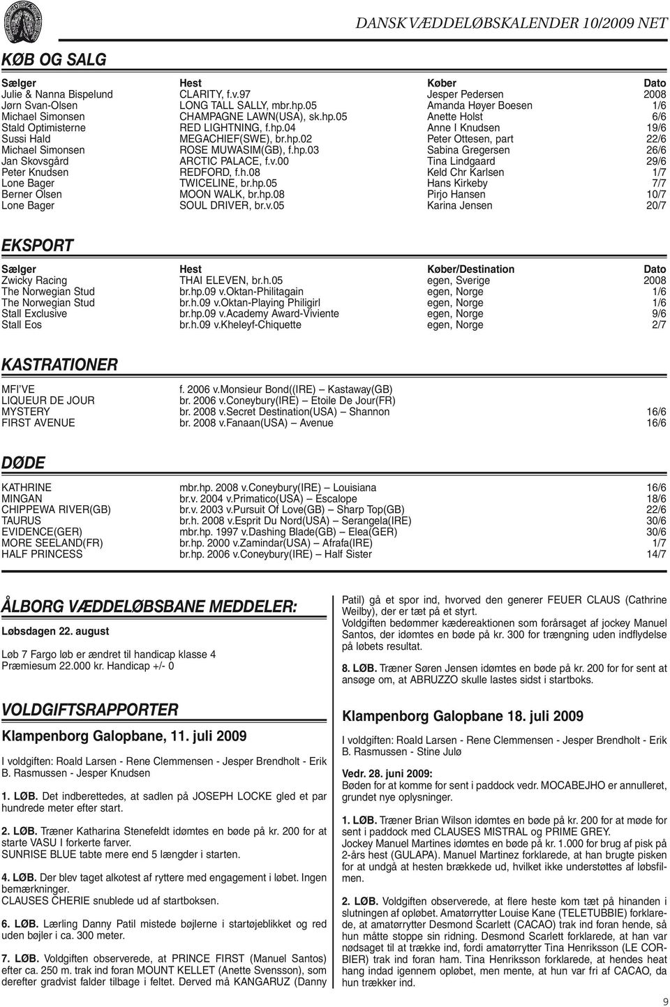 hp.03 Sabina Gregersen 26/6 Jan Skovsgård ARCTIC PALACE, f.v.00 Tina Lindgaard 29/6 Peter Knudsen REDFORD, f.h.08 Keld Chr Karlsen 1/7 Lone Bager TWICELINE, br.hp.05 Hans Kirkeby 7/7 Berner Olsen MOON WALK, br.