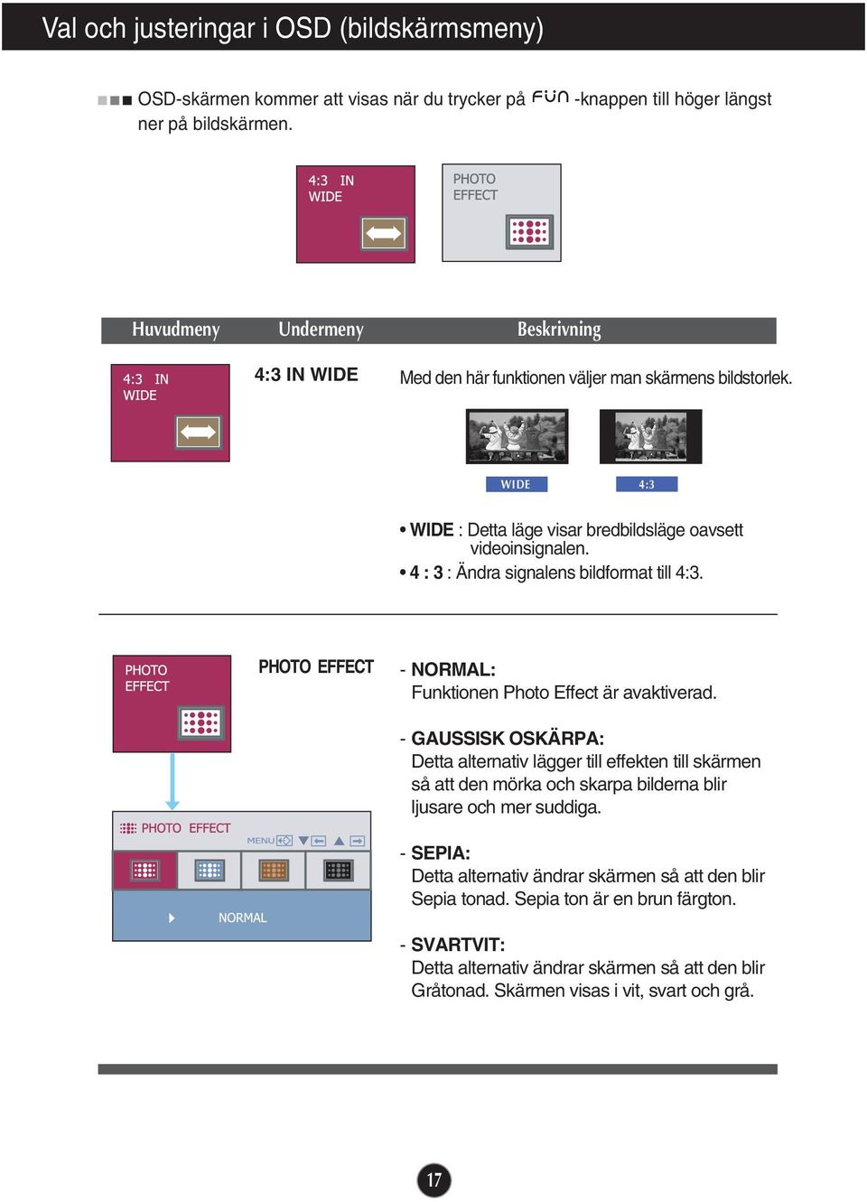 WIDE 4:3 WIDE : Detta läge visar bredbildsläge oavsett videoinsignalen. 4 : 3 : Ändra signalens bildformat till 4:3. PHOTO EFFECT - NORMAL: Funktionen Photo Effect är avaktiverad.