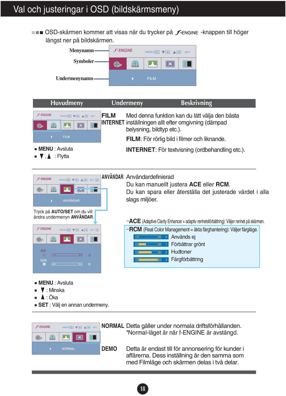 omgivning (dämpad belysning, bildtyp etc.). FILM: För rörlig bild i filmer och liknande. INTERNET: För textvisning (ordbehandling etc.). ANVÄNDAR Användardefinierad Du kan manuellt justera ACE eller RCM.