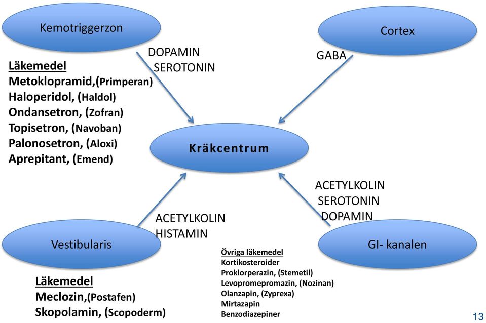 Meclozin,(Postafen) Skopolamin, (Scopoderm) ACETYLKOLIN HISTAMIN ACETYLKOLIN SEROTONIN DOPAMIN GI- kanalen Övriga