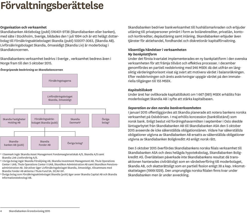 Skandiabankens verksamhet bedrivs i Sverige, verksamhet bedrevs även i Norge fram till den 5 oktober 2015.