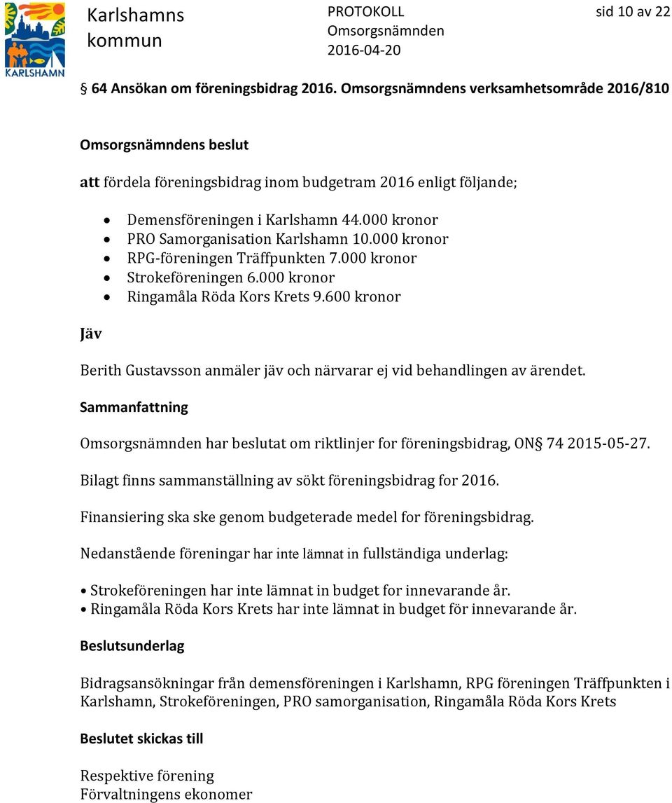600 kronor Jäv Berith Gustavsson anmäler jäv och närvarar ej vid behandlingen av ärendet. har beslutat om riktlinjer for föreningsbidrag, ON 74 2015-05-27.