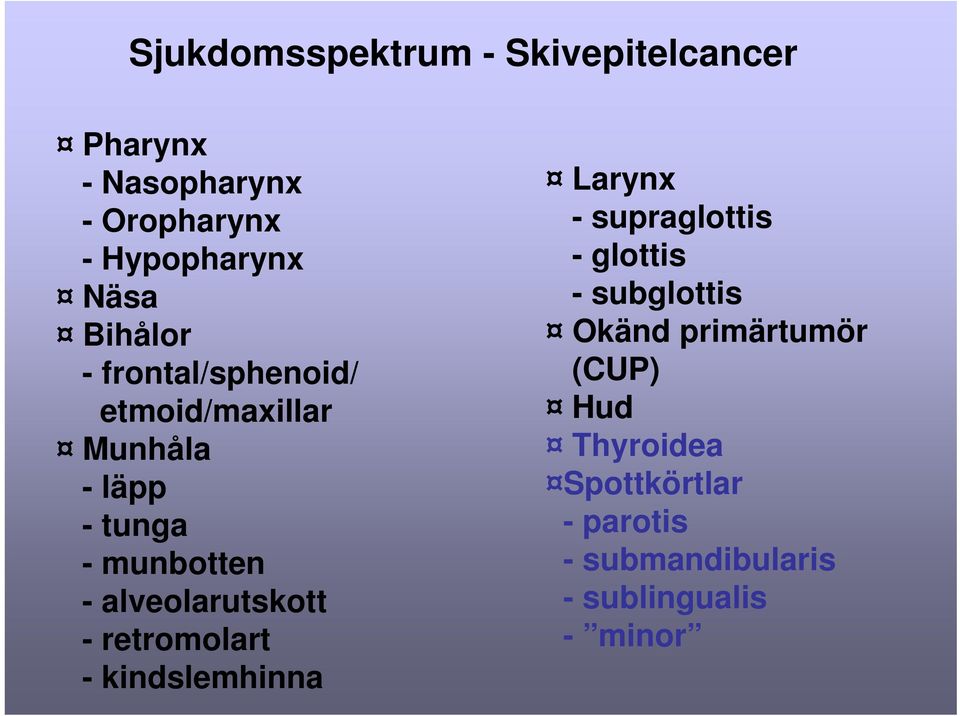 alveolarutskott - retromolart - kindslemhinna Larynx - supraglottis - glottis - subglottis