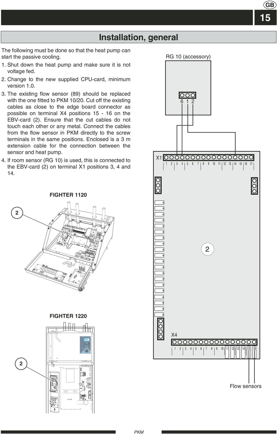 Cut off the existing cables as close to the edge board connector as possible on terminal X4 positions 15-16 on the EBV-card (2). Ensure that the cut cables do not touch each other or any metal.