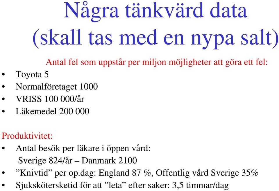 Produktivitet: Antal besök per läkare i öppen vård: Sverige 824/år Danmark 2100 Knivtid per