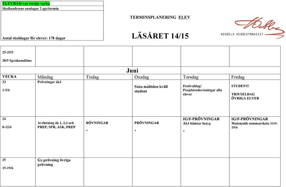 TRIVSELDAG ÖVRIGA ELVER 24 8-12/6 Avslutning åk 1, 2,3 och PREP, SPR, ASK, PREP RÖVNINGAR