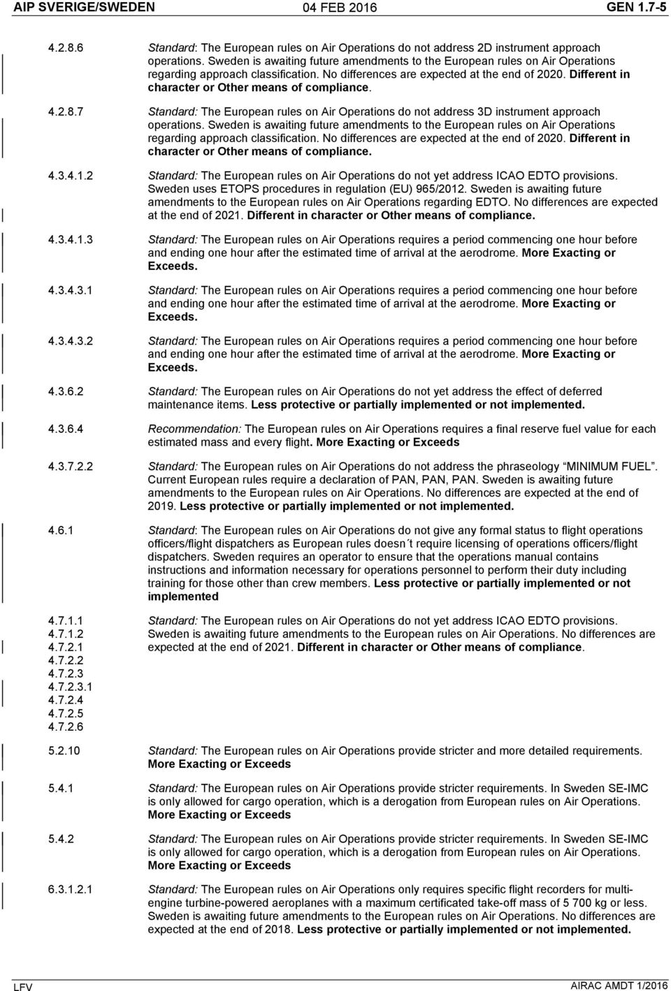 Different in character or Other means of compliance. 4.2.8.7 Standard: The European rules on Air Operations do not address 3D instrument approach operations.