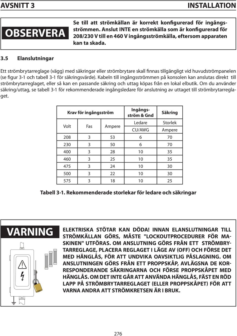 5 Elanslutningar Ett strömbrytarreglage (vägg) med säkringar eller strömbrytare skall finnas tillgängligt vid huvudströmpanelen (se figur 3-1 och tabell 3-1 för säkringsvärde).