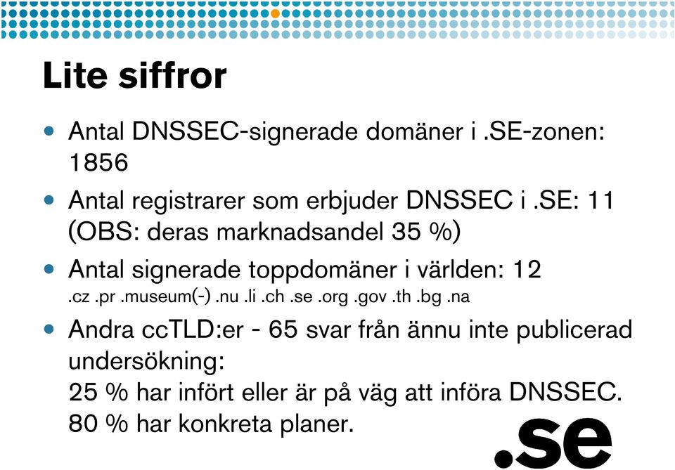 se: 11 (OBS: deras marknadsandel 35 %) Antal signerade toppdomäner i världen: 12.cz.pr.