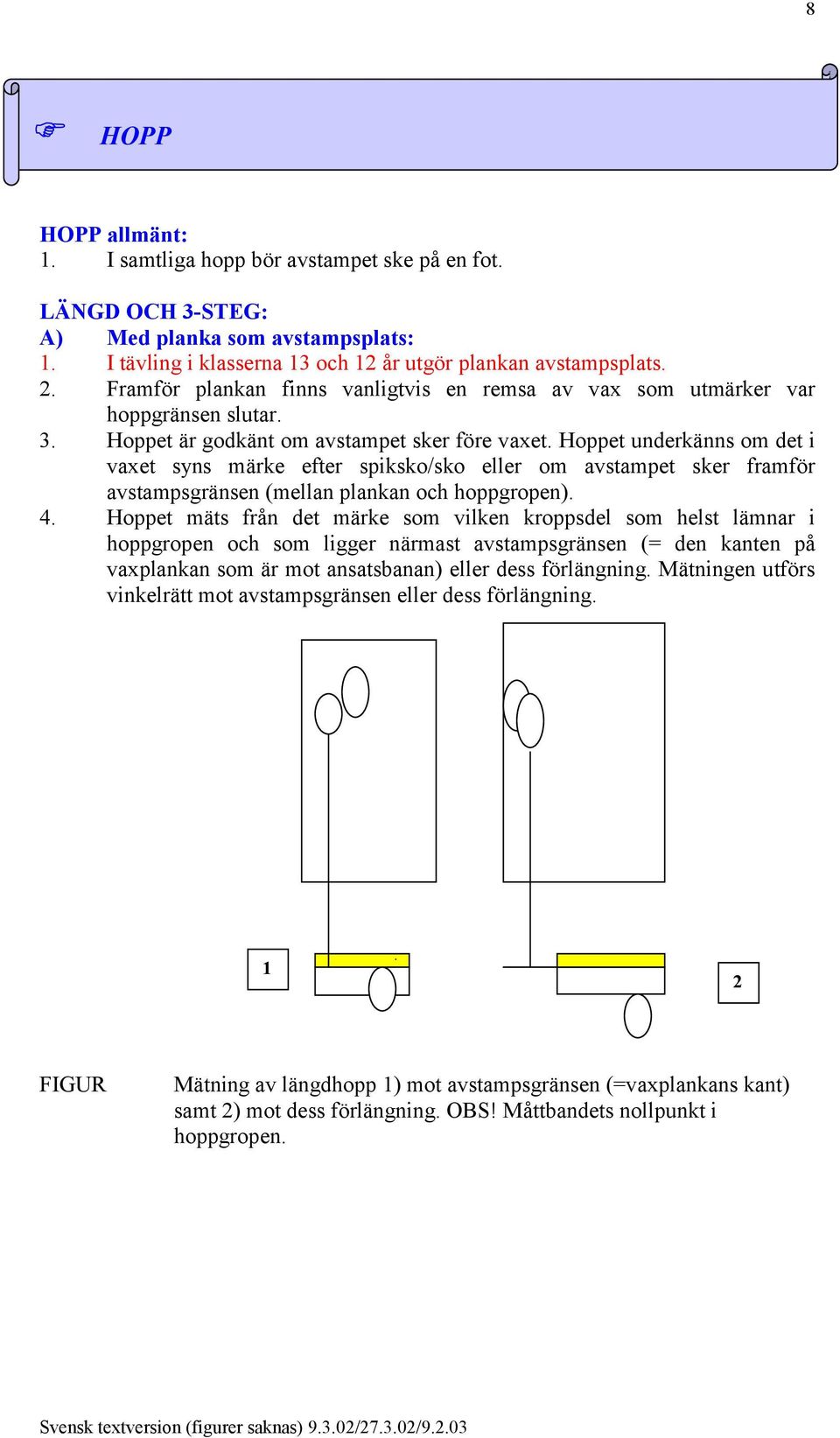 Hoppet underkänns om det i vaxet syns märke efter spiksko/sko eller om avstampet sker framför avstampsgränsen (mellan plankan och hoppgropen). 4.