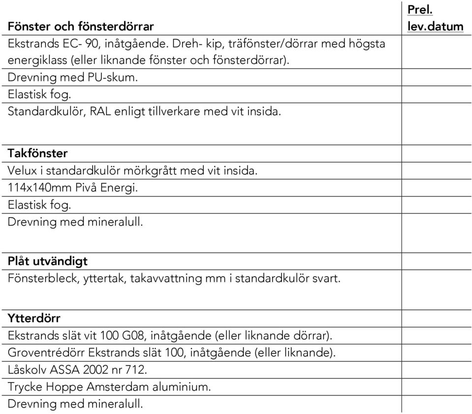 114x140mm Pivå Energi. Elastisk fog. Drevning med mineralull. Plåt utvändigt Fönsterbleck, yttertak, takavvattning mm i standardkulör svart.