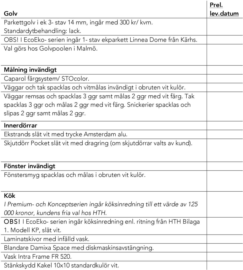 Tak spacklas 3 ggr och målas 2 ggr med vit färg. Snickerier spacklas och slipas 2 ggr samt målas 2 ggr. Innerdörrar Ekstrands slät vit med trycke Amsterdam alu.