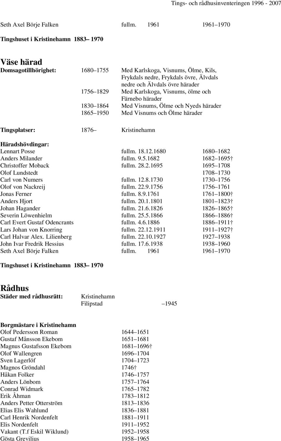 1756 1829 Med Karlskoga, Visnums, ölme och Färnebo härader 1830 1864 Med Visnums, Ölme och Nyeds härader 1865 1950 Med Visnums och Ölme härader Tingsplatser: 1876 Kristinehamn Lennart Posse fullm. 18.12.