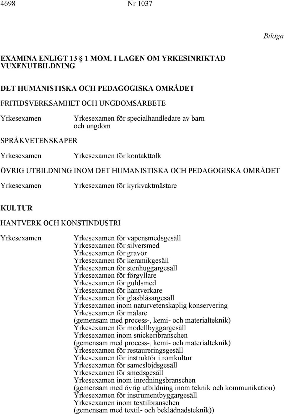 UTBILDNING INOM DET HUMANISTISKA OCH PEDAGOGISKA OMRÅDET för kyrkvaktmästare KULTUR HANTVERK OCH KONSTINDUSTRI för vapensmedsgesäll för silversmed för gravör för keramikgesäll för stenhuggargesäll