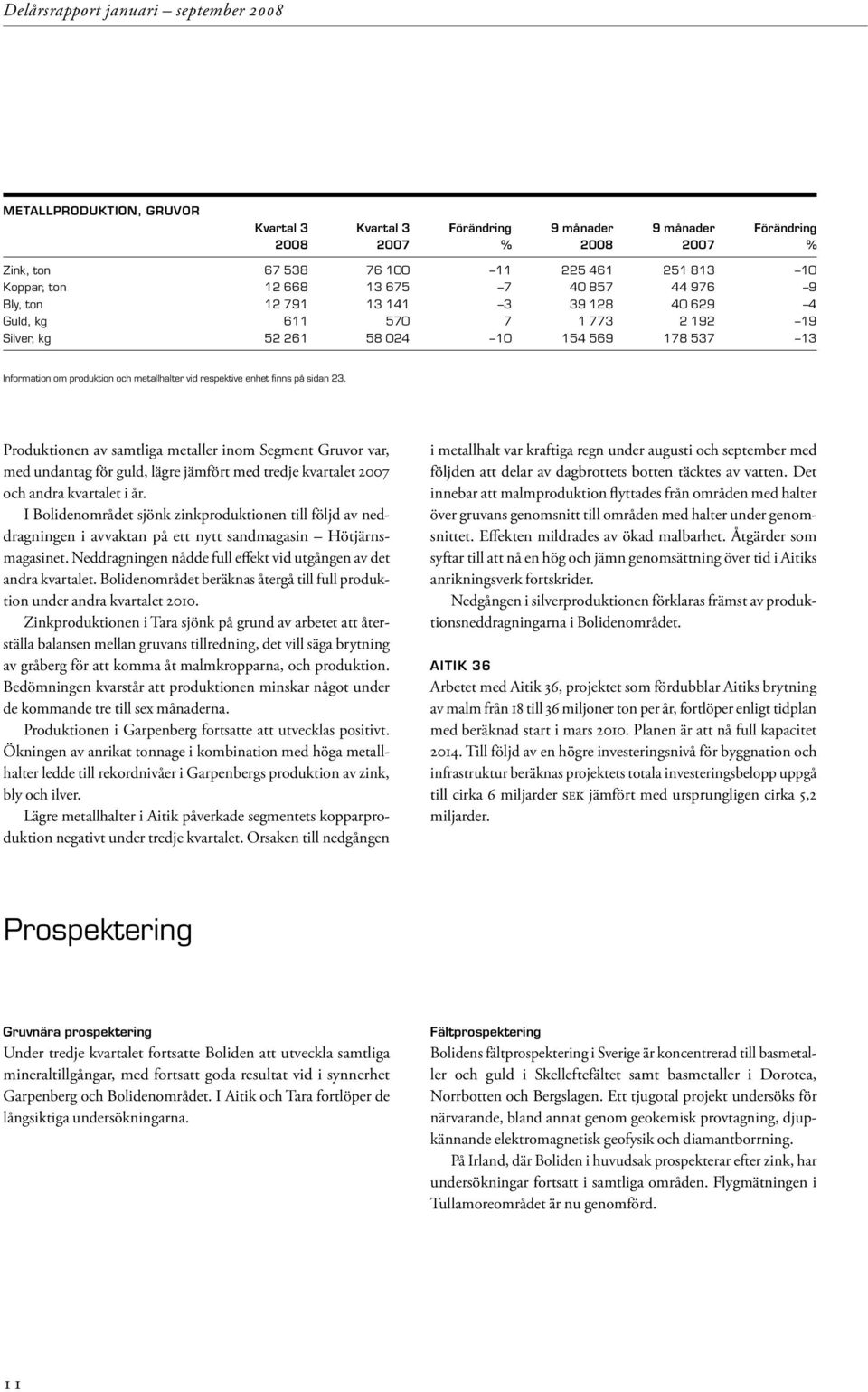 sidan 23. Produktionen av samtliga metaller inom Segment Gruvor var, med undantag för guld, lägre jämfört med tredje kvartalet 2007 och andra kvartalet i år.