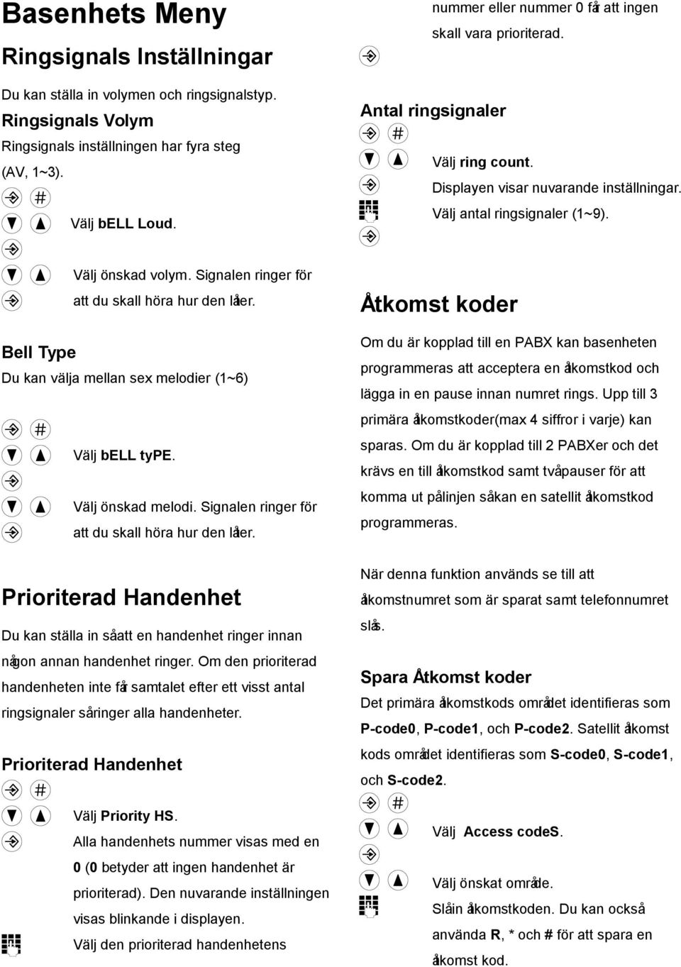 Signalen ringer för att du skall höra hur den låter. Du kan välja mellan sex melodier (1~6) Välj bell type. Välj önskad melodi. Signalen ringer för att du skall höra hur den låter.