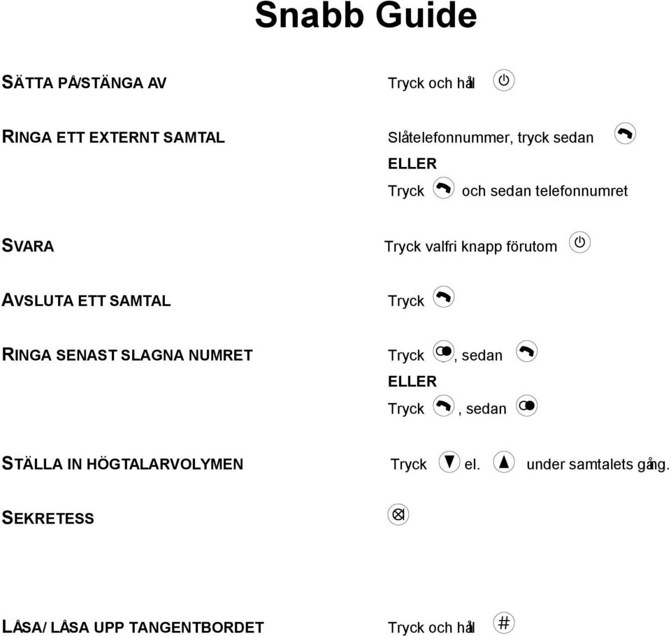 ETT SAMTAL Tryck RINGA SENAST SLAGNA NUMRET Tryck,, sedan ELLER Tryck, sedan STÄLLA IN