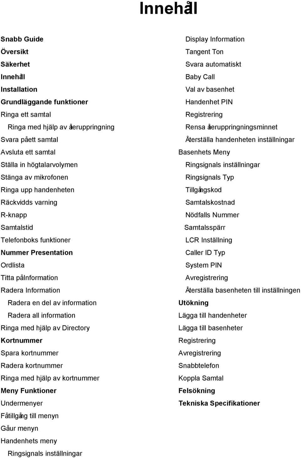 del av information Radera all information Ringa med hjälp av Directory Kortnummer Spara kortnummer Radera kortnummer Ringa med hjälp av kortnummer Meny Funktioner Undermenyer Få tillgång till menyn