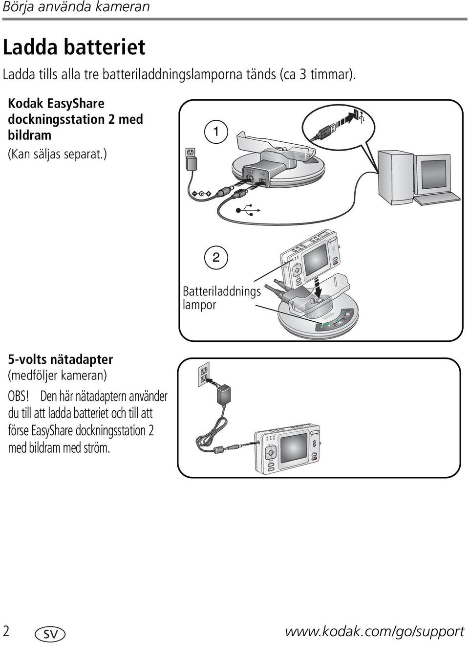 ) 1 2 Batteriladdnings lampor 5-volts nätadapter (medföljer kameran) OBS!