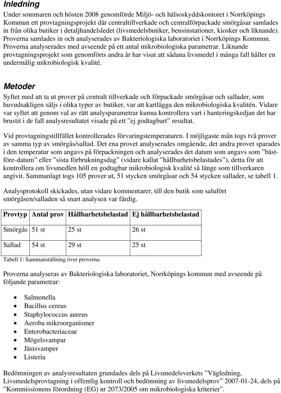 Proverna analyserades med avseende på ett antal mikrobiologiska parametrar.