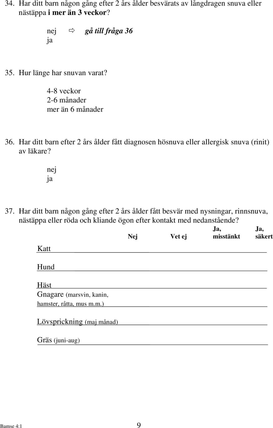 Har ditt barn efter 2 års ålder fått diagnosen hösnuva eller allergisk snuva (rinit) av läkare? 37.