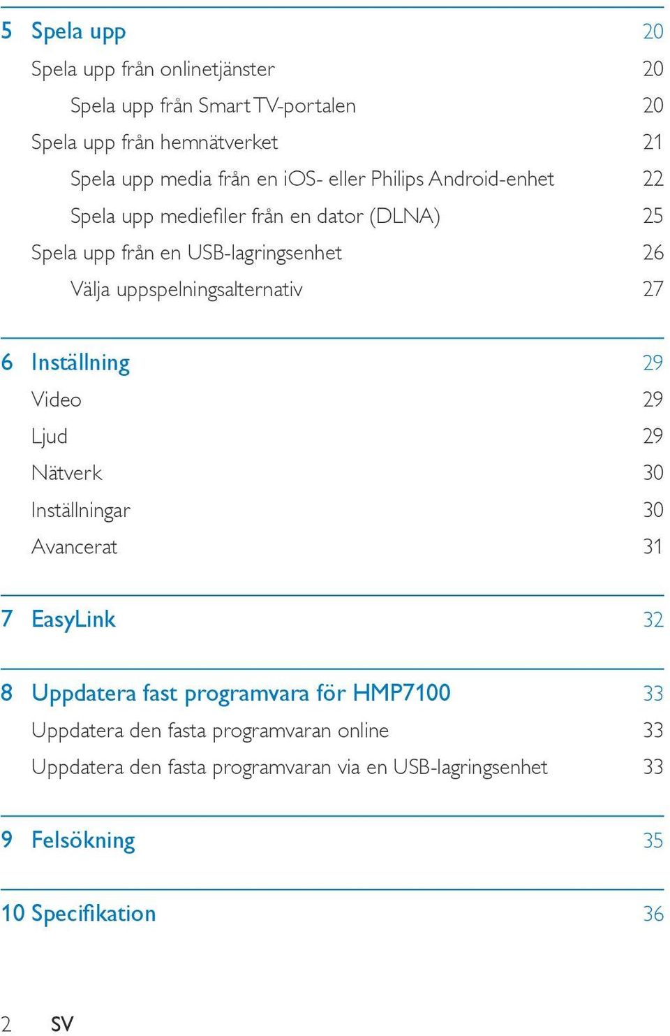 uppspelningsalternativ 27 6 Inställning 29 Video 29 Ljud 29 Nätverk 30 Inställningar 30 Avancerat 31 7 EasyLink 32 8 Uppdatera fast