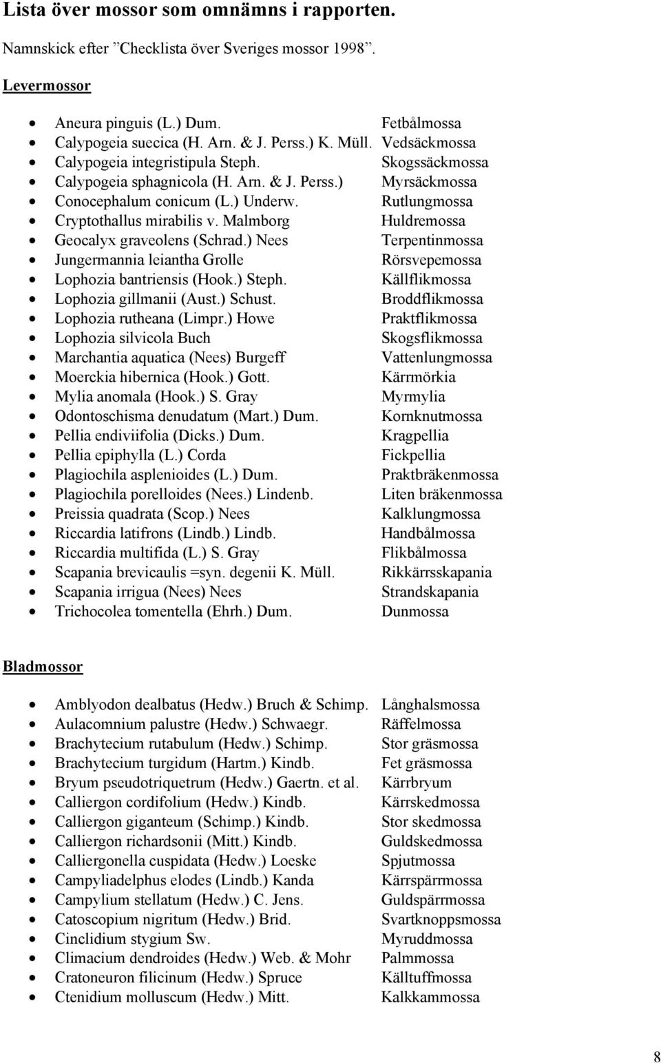 Malmborg Huldremossa Geocalyx graveolens (Schrad.) Nees Terpentinmossa Jungermannia leiantha Grolle Rörsvepemossa Lophozia bantriensis (Hook.) Steph. Källflikmossa Lophozia gillmanii (Aust.) Schust.