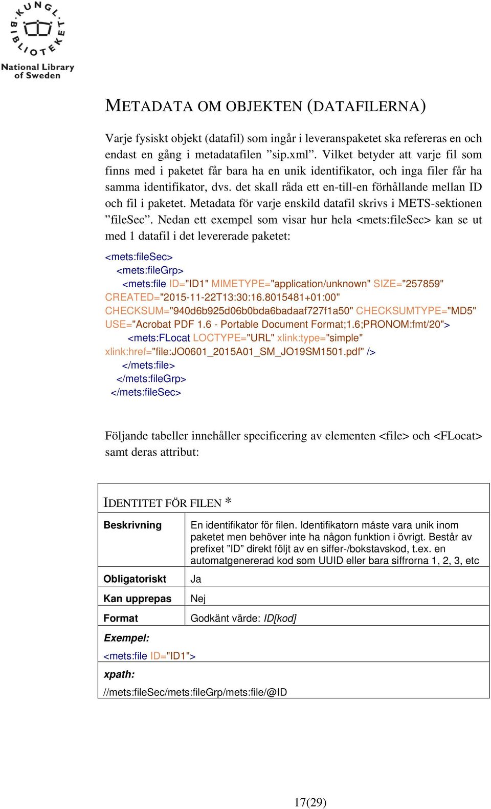det skall råda ett en-till-en förhållande mellan ID och fil i paketet. Metadata för varje enskild datafil skrivs i METS-sektionen filesec.