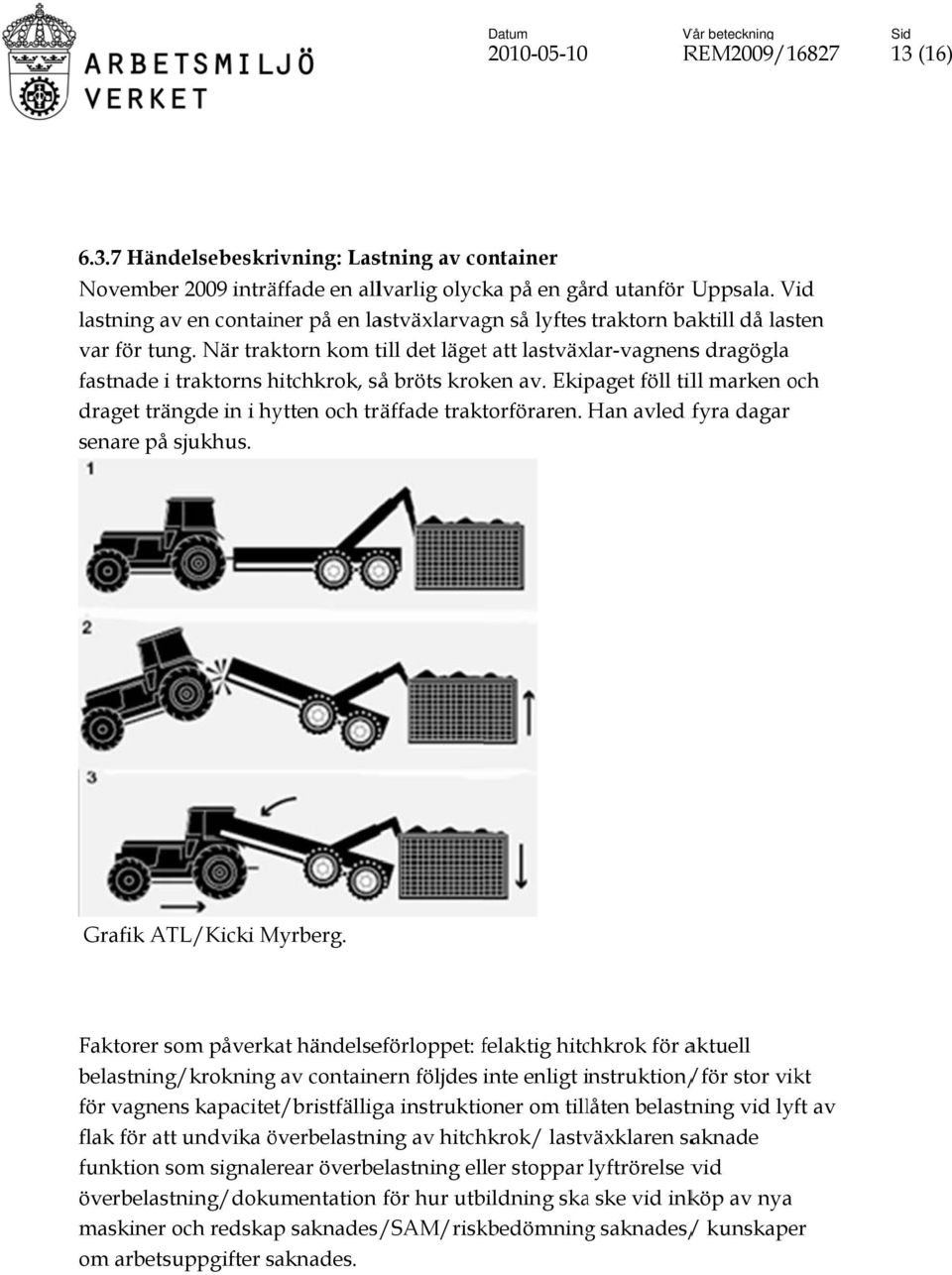 När traktorn kom till det läget att lastväxlar-vagnenss dragögla fastnade i traktorns hitchkrok, såå bröts kroken av.