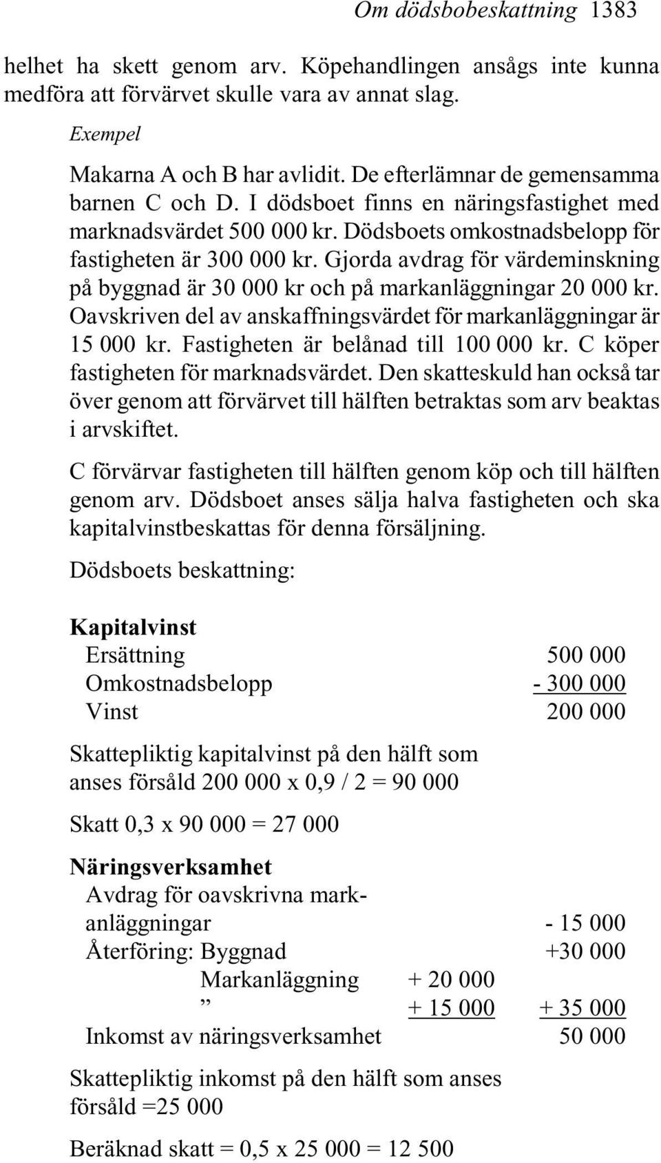 Gjorda avdrag för värdeminskning på byggnad är 30 000 kr och på markanläggningar 20 000 kr. Oavskriven del av anskaffningsvärdet för markanläggningar är 15 000 kr.