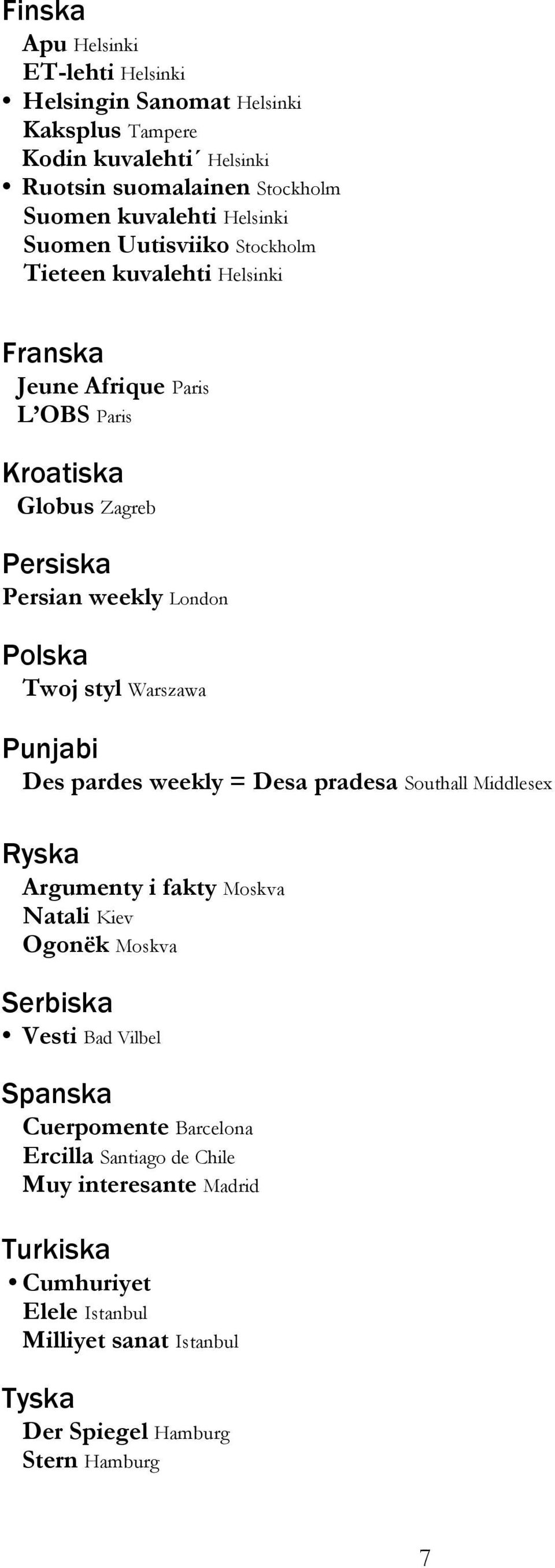 styl Warszawa Punjabi Des pardes weekly = Desa pradesa Southall Middlesex Ryska Argumenty i fakty Moskva Natali Kiev Ogonëk Moskva Serbiska Vesti Bad Vilbel Spanska